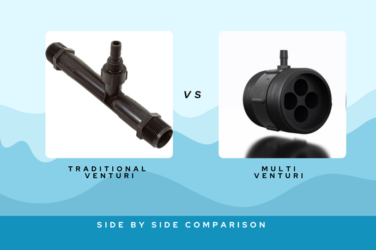 Side-by-side comparison of a traditional single venturi injector and a multi-venturi injector, highlighting design differences for efficient nutrient delivery in hydroponic and irrigation systems.